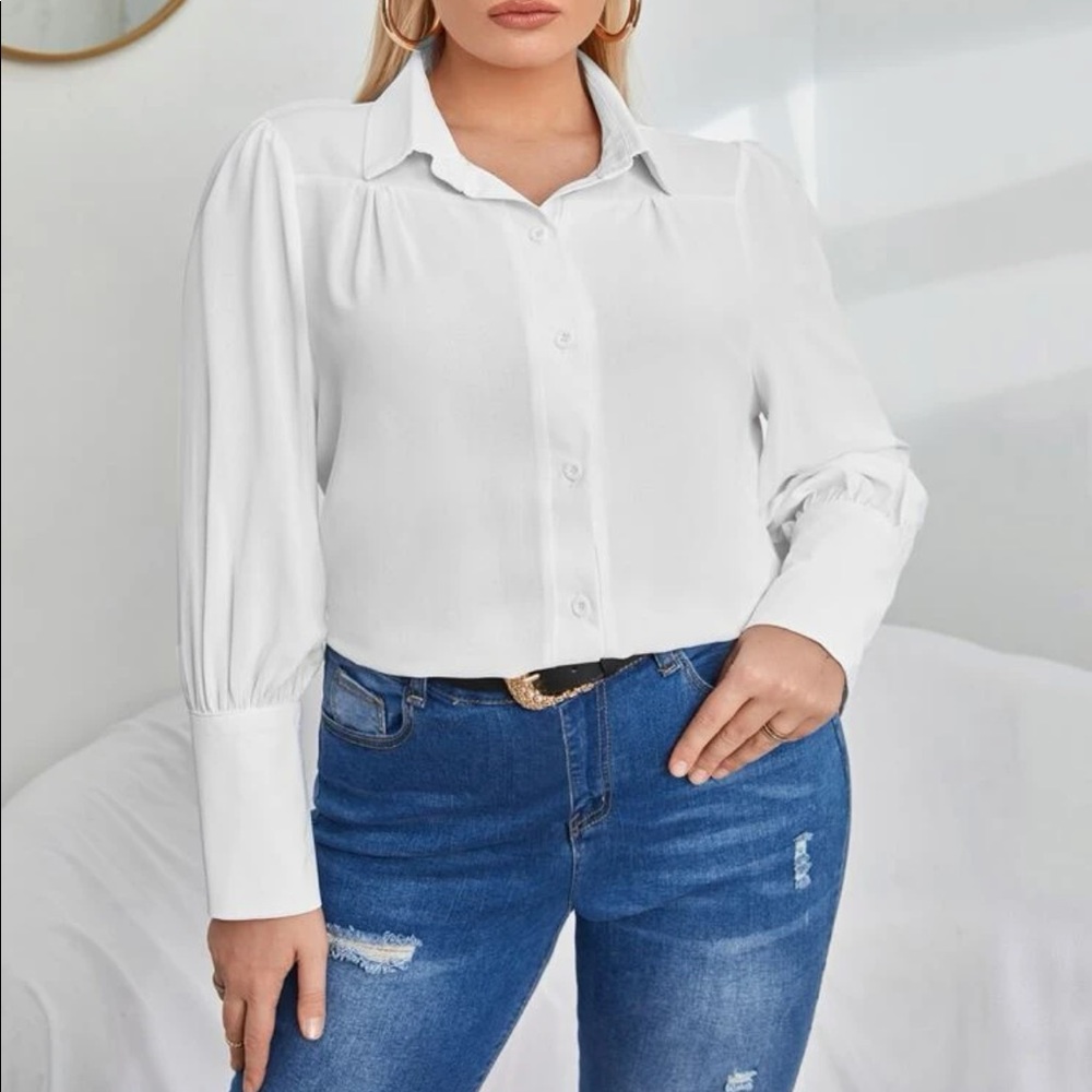 Plus size solid white bishop blouse